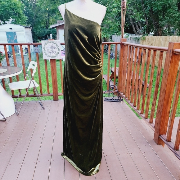 Green Evening Dress Velour One Shoulder Formal Split Side fits L - Picture 3 of 13